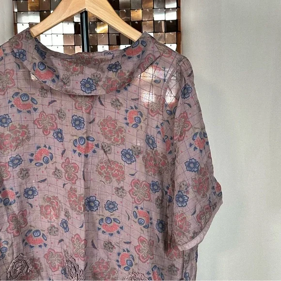 Vintage Purple, Maroon & Navy Checked Plaid & Floral Short Sleeve Sheer Blouse - Picture 6 of 9